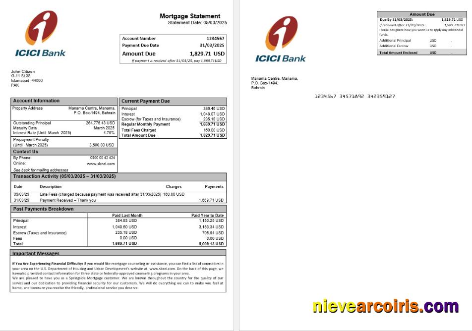 Pakistan ICICI mortgage statement without wm